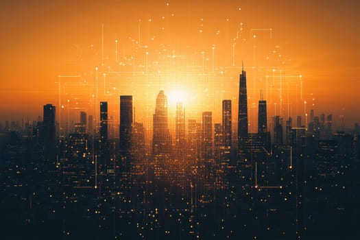 A stunning futuristic abstract cityscape silhouette highlights a striking sunset. The scene combines urban architecture with digital elements, creating a vibrant atmosphere.