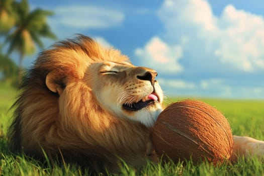 This stunning image captures a majestic lion peacefully lounging on the sunlit savannah. The lion exhibits relaxation, enjoying a warm day surrounded by nature in its natural habitat.
