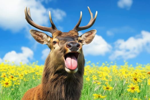 A majestic stag poses playfully in a sunlit meadow filled with vibrant flowers. This beautiful scene captures the essence of wildlife, nature, and joy.
