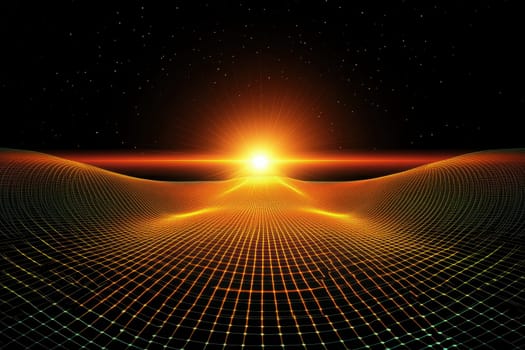 This abstract geometric background features glowing elements with a captivating horizon. The vibrant colors and intricate grid pattern create a modern, ethereal atmosphere.