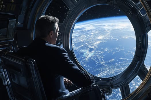 A business executive gazes thoughtfully at a mesmerizing star field from a spacecraft window, capturing a moment of reflection and wonder amid vastness.
