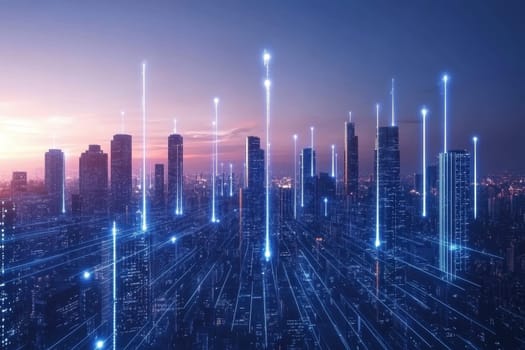 A stunning visual of a futuristic city skyline at dusk, featuring blue light beams flowing upward, creating a digital atmosphere filled with innovation.