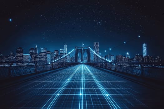 A stunning digital art depiction of a city skyline merging into a starry night, featuring a bridge illuminated by futuristic light patterns, creating a serene urban landscape.