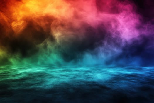 A stunning and dramatic background featuring a high contrast rainbow composition with vibrant colors blending into a smoky atmosphere, perfect for various creative projects.