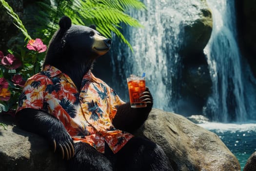 A grizzly bear dressed in a colorful Hawaiian shirt enjoys a refreshing drink while lounging by a serene waterfall, creating a joyful and vibrant scene.