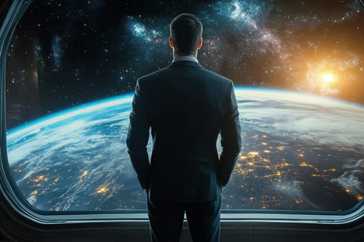 An executive gazes thoughtfully at a vast star field from a space observation window, embodying ambition and inspiration in a cosmic setting.