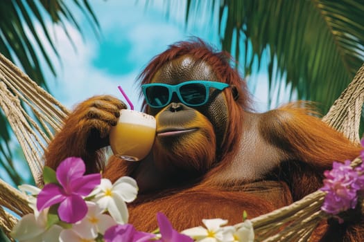 A relaxed orangutan lounges in a hammock, sipping a tropical drink and surrounded by vibrant flowers. This charming scene captures the joy of leisure in nature.