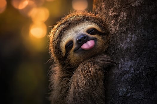 This image captures a sleepy sloth hanging lazily from a tree, embodying tranquility and relaxation. The warm sunset glow enhances the serene atmosphere in a lush forest setting.