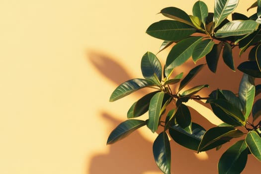 A beautiful composition of plant leaves casting soft shadows on a minimalist yellow background, creating a serene and elegant atmosphere perfect for decor and design inspiration.