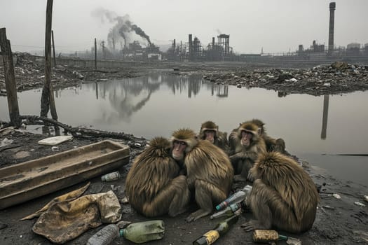 A group of monkeys huddles around polluted water, surrounded by waste in an industrial area, highlighting significant environmental and ecological issues.