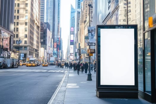 A blank advertising billboard stands empty on a bustling city street. Surrounded by pedestrians and urban architecture, the scene captures a vibrant, lively atmosphere.