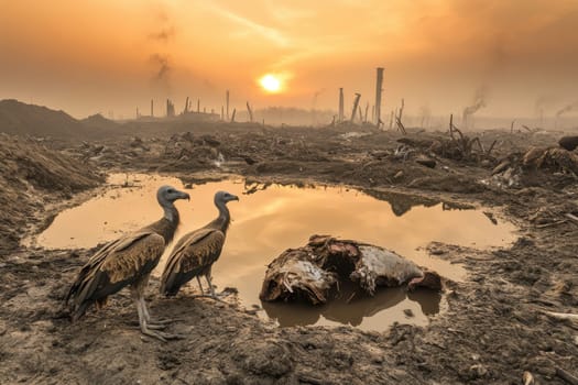 A haunting image of vultures gathering at dusk over a carcass in a desolate landscape, showcasing nature's harsh realities and the cycle of life.