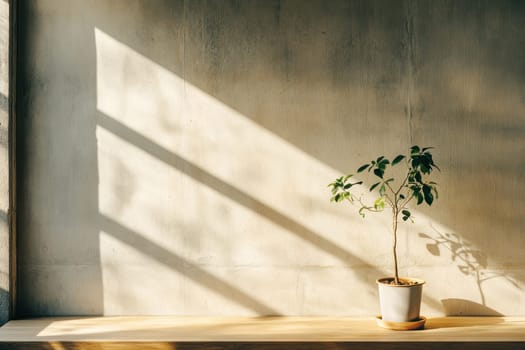 A serene scene of gentle sunlight filtering through potted plants, casting beautiful shadows on a wooden table and wall, creating a tranquil indoor atmosphere.