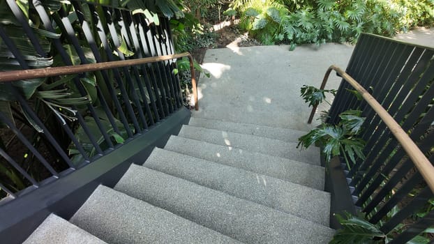 Steps descend into a vibrant garden filled with greenery and foliage.