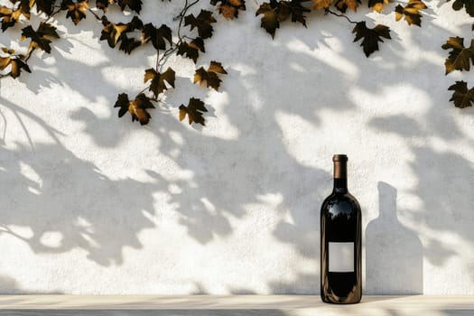 A refined wine bottle showcased on a neutral backdrop, casting elegant shadows from nearby leaves. Perfect for concepts of sophistication and taste.