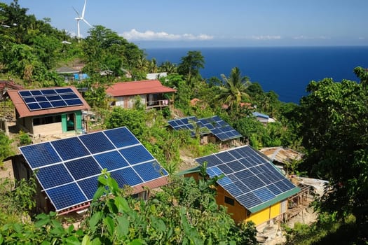 Discover a high-tech self-sustaining village on a remote island, featuring solar panels and eco-friendly homes surrounded by lush greenery and stunning ocean views.