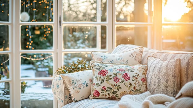 Colorful pillows on sofa against glass wall of window in a winter garden or conservatory. Interior textile concept. High quality photo