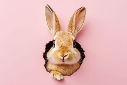 Cute Easter Bunny Peaking Curiously Through Hole on isolated Background, Spring Holidays Fun..