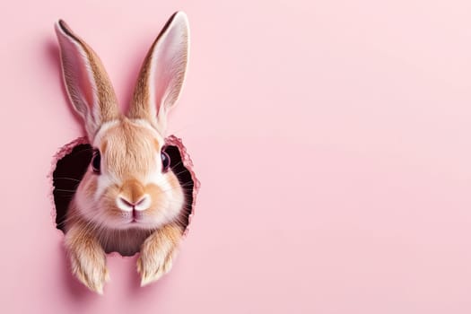 Cute Easter Bunny Peaking Curiously Through Hole on isolated Background, Spring Holidays Fun..