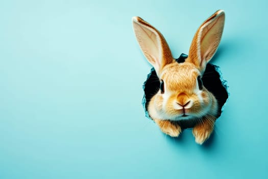 Cute Easter Bunny Peaking Curiously Through Hole on isolated Background, Spring Holidays Fun..