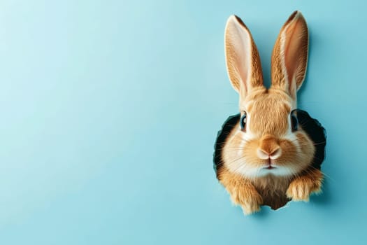Cute Easter Bunny Peaking Curiously Through Hole on isolated Background, Spring Holidays Fun..