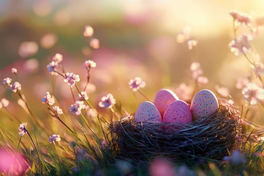 a nest of colorful easter eggs in meadow. Picture for holiday, happy easeter concept. generative AI..