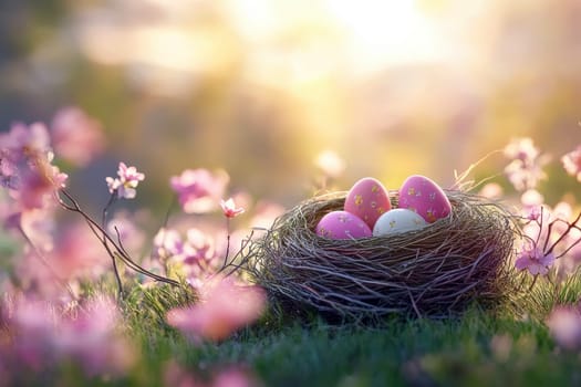a nest of colorful easter eggs in meadow. Picture for holiday, happy easeter concept. generative AI..
