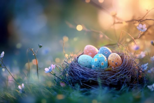 a nest of colorful easter eggs in meadow. Picture for holiday, happy easeter concept. generative AI..