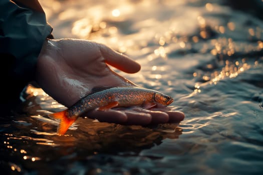 Close-up of a hand releasing a fish into the water..