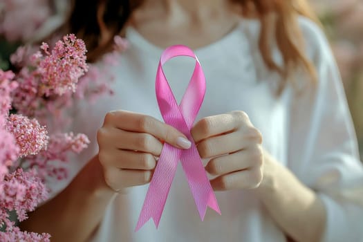 Woman hand gently holding a pink ribbon over her chest to signify breast cancer awareness.