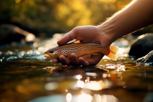Close-up of a hand releasing a fish into the water..