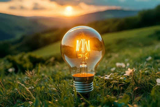 Bright idea and creative thinking concept . A glowing bulb over rolling green hills. High quality illustration