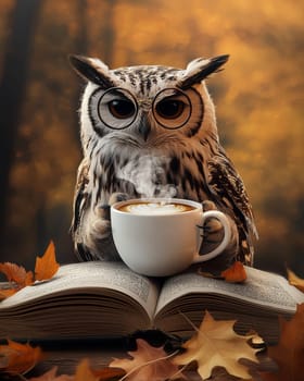 A wise owl wearing glasses with coffee and sitting on an open book background, symbolizing knowledge and wisdom..