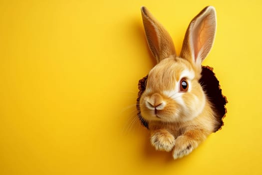 Cute Easter Bunny Peaking Curiously Through Hole on isolated Background, Spring Holidays Fun..