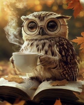 A wise owl wearing glasses with coffee and sitting on an open book background, symbolizing knowledge and wisdom..