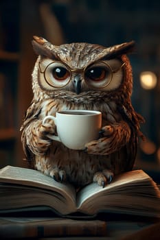 A wise owl wearing glasses with coffee and sitting on an open book background, symbolizing knowledge and wisdom..