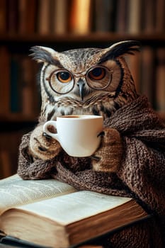 A wise owl wearing glasses with coffee and sitting on an open book background, symbolizing knowledge and wisdom..