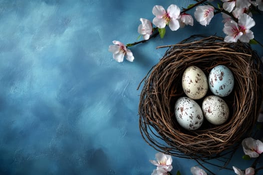a nest of colorful easter eggs in meadow. Picture for holiday, happy easeter concept. generative AI..