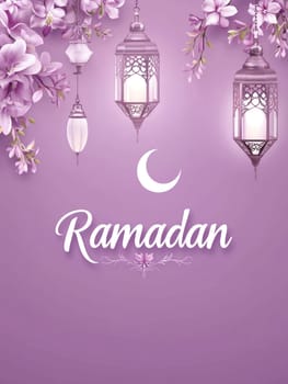 Elegant Ramadan celebration with lanterns and floral arrangement on soft lavender background.