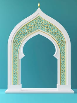 Intricate Islamic arch design in white with gold and turquoise accents for architectural inspiration.