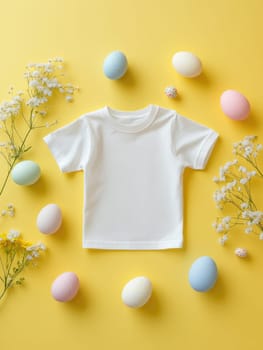 Easter T shirt mock up on soft yellow background with colorful eggs and flowers for spring design.