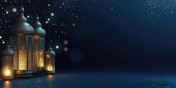 Elegant lanterns under starry night sky with soft gradient background for festive decor.