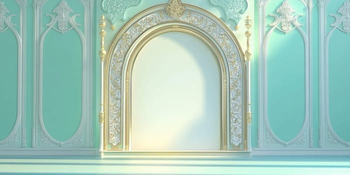 Elegant pastel green interior with ornate arch for classic design themes.
