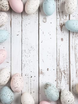 Pastel Easter eggs on rustic white wooden background.