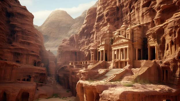 Petras rose-red city ultra realistic illustration - Generative AI. Ancient, city, petra, cliff, people.