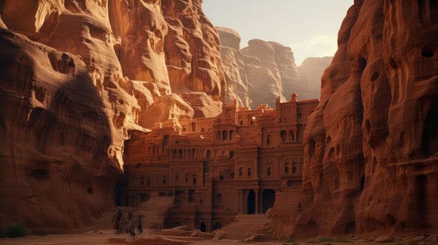 Petras rose-red city ultra realistic illustration - Generative AI. Ancient, city, petra, cliff, people.