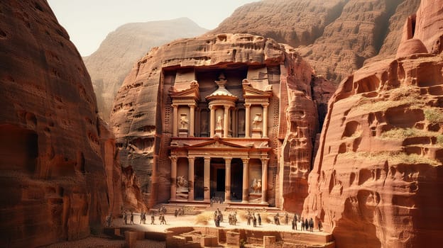 Petras rose-red city ultra realistic illustration - Generative AI. Ancient, city, petra, cliff, people.