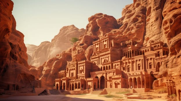 Petras rose-red city ultra realistic illustration - Generative AI. Ancient, city, petra, cliff, people.
