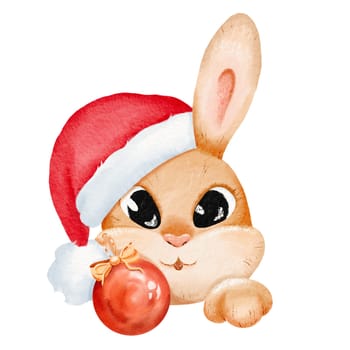 Christmas composition. A funny rabbit in a Santa Claus hat. cute bunny holds a Christmas ball. Cartoon portrait of a pet. New Year's cards, invites, stickers, design. Isolated watercolor illustration.
