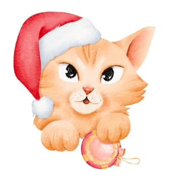 Adorable fluffy kitten wearing a Santa Claus hat, holding a Christmas ornament. Cartoon portrait of a cat. New Year mood. For greeting cards, invitations, posters, stickers. Watercolor illustration.